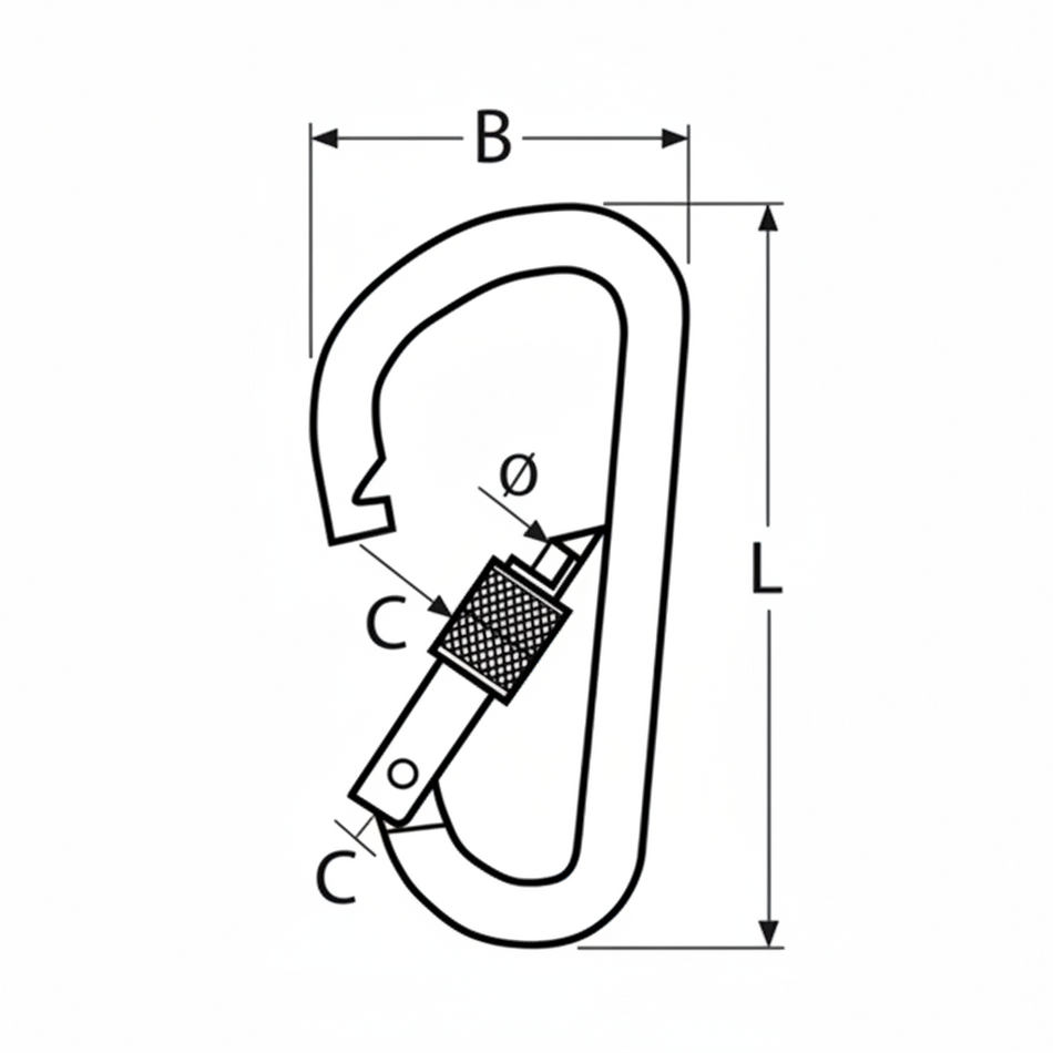 Karabinerhaken Sicherheitsmutter Abmessungen - Technische Zeichnung mit Maßangaben B, L, Ø, C für Edelstahl A4 AISI 316 Karabiner mit Schraubverschluss
