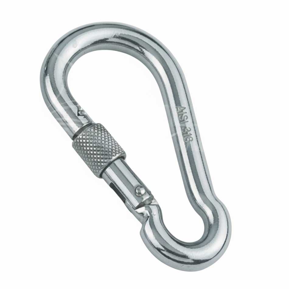 Edelstahl-Karabiner A4 mit Sicherung AISI 316 - 60-140mm Niro-Karabiner mit Sicherungsschraube, 500-1100kg Bruchlast, salzwasserfest für maritime Anwendungen
