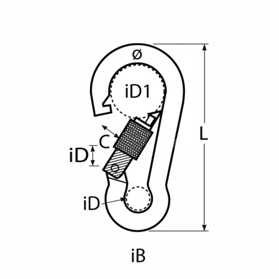 Edelstahl-Karabiner A4 Sicherung Abmessungen - Technische Zeichnung mit Maßangaben iD, iD1, iB, L, Ø, C für AISI 316 Niro-Karabiner mit Sicherungsschraube
