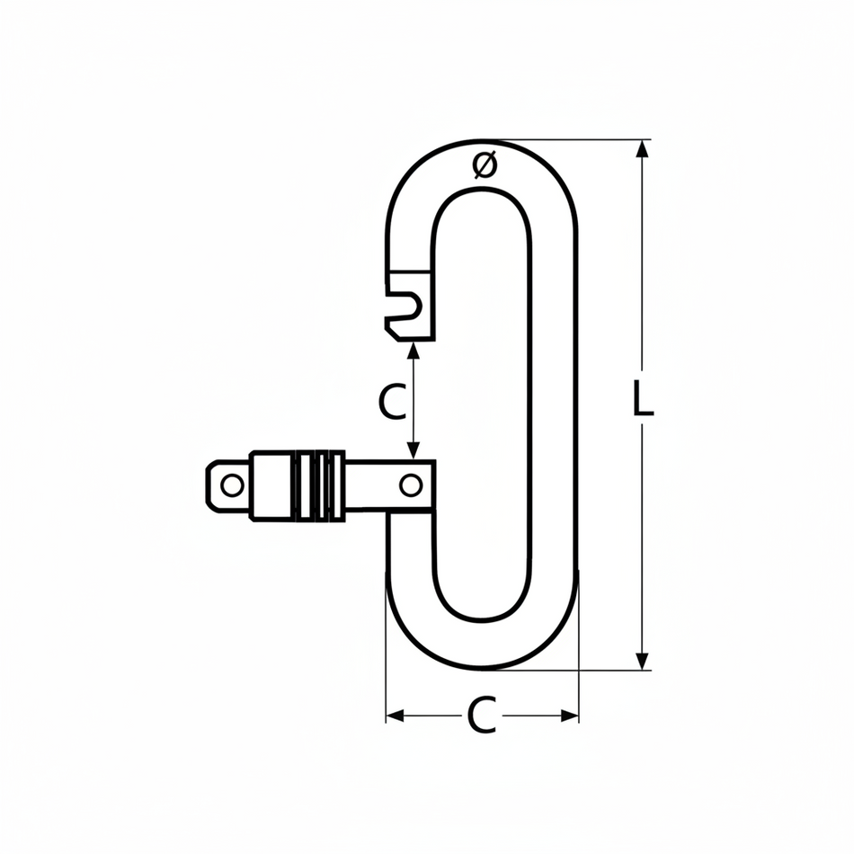 Karabinerhaken Birnenform Abmessungen - Technische Zeichnung mit Maßangaben B, iD, iD1, L, Ø, C für Edelstahl A4 AISI 316 Karabiner mit Sicherheitsmutter
