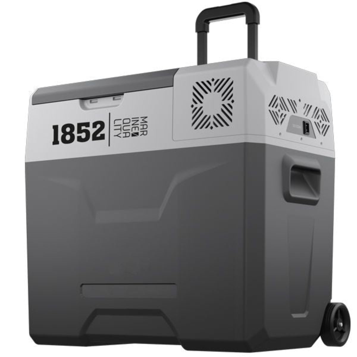 1852 Kompressor Kühlbox 30L auf Rollen mit ausziehbarem Griff – Frontansicht schwarz/dunkelgrau
