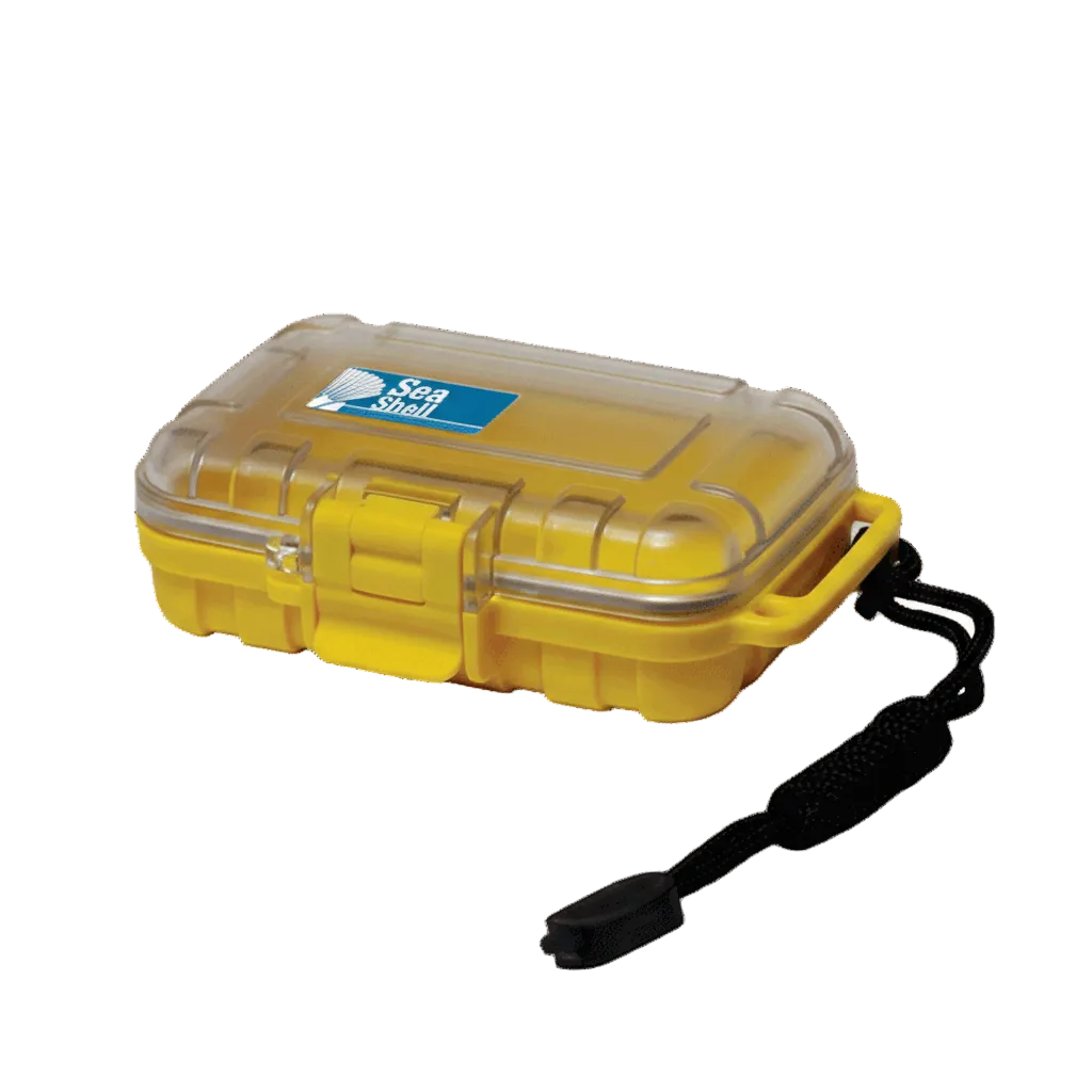 Wasserdichter Behälter Sea Shell 132x100x40mm in Gelb mit robusten Verschlussklammern und Transportkordel - 100% wasserdicht und schwimmfähig
