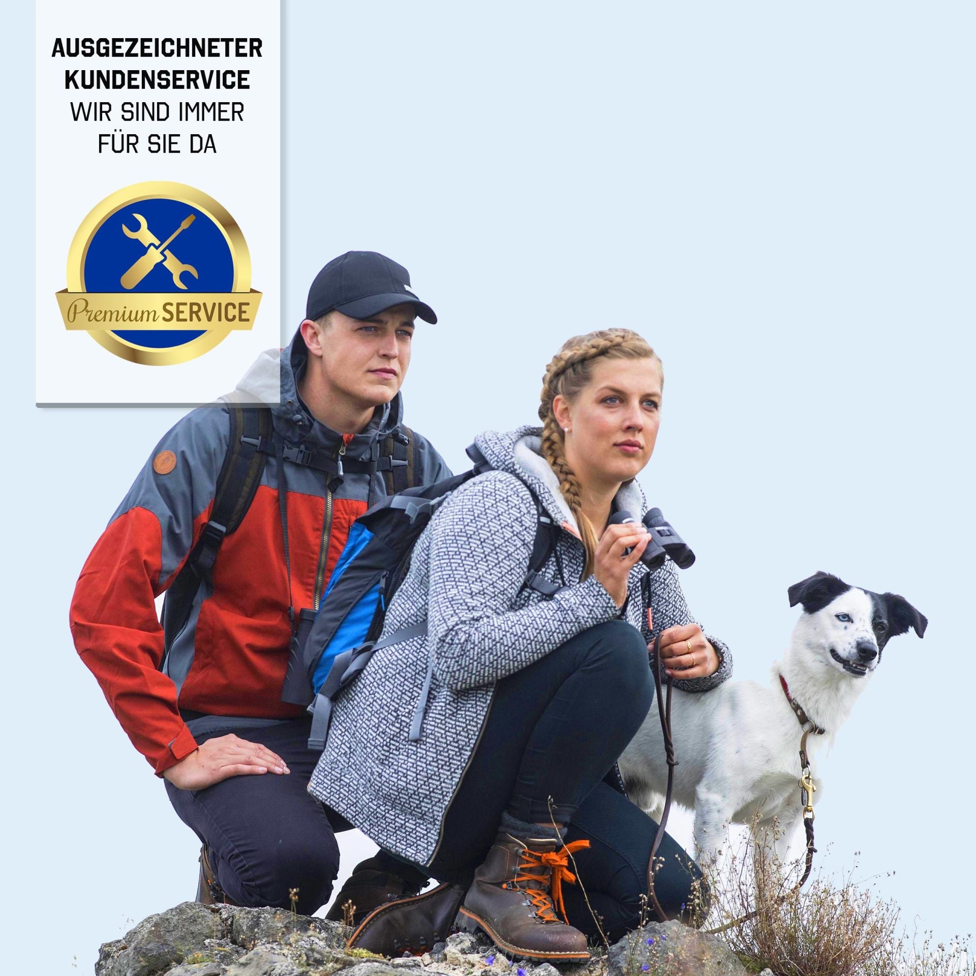 Steiner Safari UltraSharp 10x26 – Wanderpaar mit Hund auf Felsgipfel, Frau blickt durch Fernglas, ausgezeichneter Premium-Kundenservice