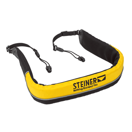 Steiner Schwimmtragegurt für Navigator – gelb-schwarzer Neopren-Schwimmgurt mit STEINER Nothing Escapes You Logo auf weißem Hintergrund, Schnellverschlüsse sichtbar