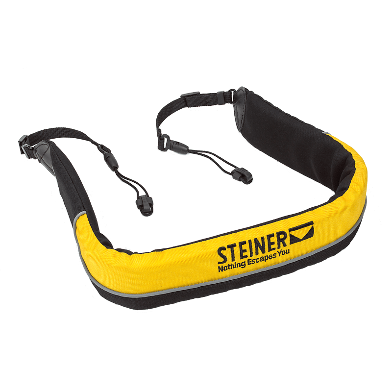 Steiner Schwimmtragegurt für Navigator – gelb-schwarzer Neopren-Schwimmgurt mit STEINER Nothing Escapes You Logo auf weißem Hintergrund, Schnellverschlüsse sichtbar
