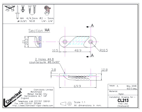 Clamcleat® Seilklemme CL213 Fine Line – Nylon Klemme für Tauwerk 2-5 mm
