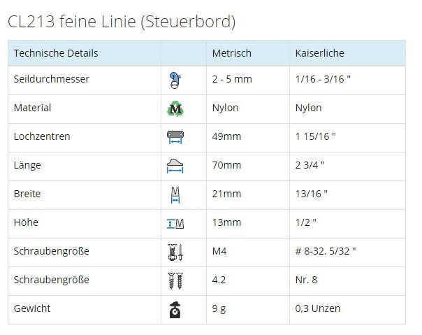 Clamcleat® Seilklemme CL213 Fine Line – Nylon Klemme für Tauwerk 2-5 mm