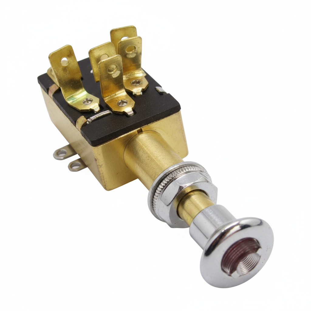 Zugschalter Messing verchromt 12/24V 20/10A mit Kontrollleuchte rot