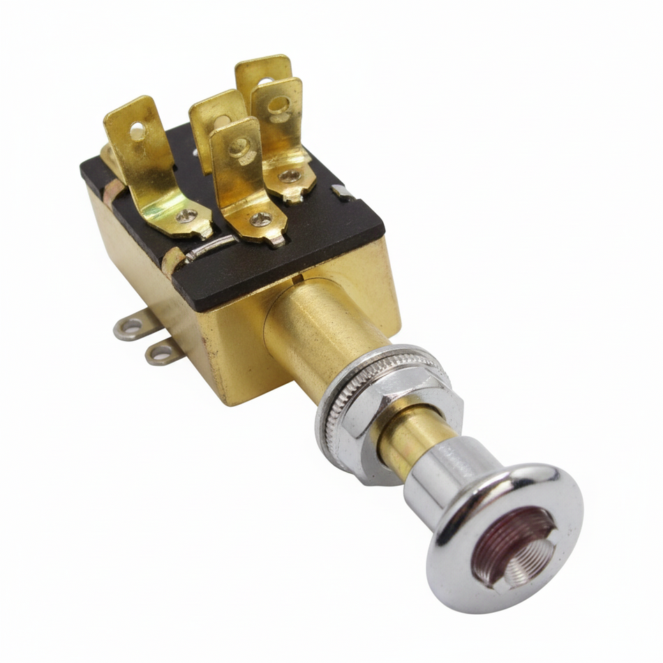 Zugschalter Messing verchromt 12/24V 20/10A mit Kontrollleuchte rot