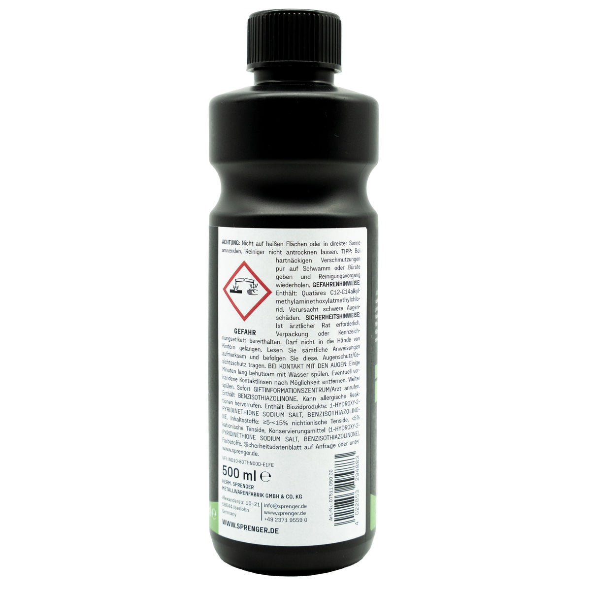 Sicherheitsetikett: „SPRENGER Super Cleaner 500 ml, Seitenansicht mit Gefahrensymbol sowie Gefahren- und Sicherheitshinweisen auf dem weißen Etikett