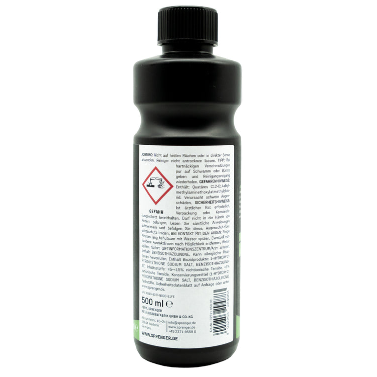 Sicherheitsetikett: „SPRENGER Super Cleaner 500 ml, Seitenansicht mit Gefahrensymbol sowie Gefahren- und Sicherheitshinweisen auf dem weißen Etikett
