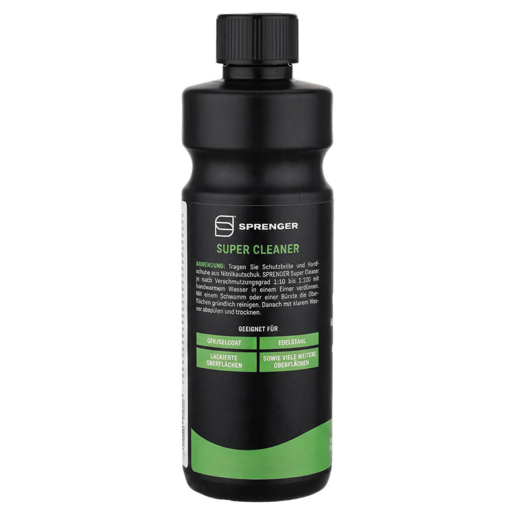 Anwendungsetikett: „SPRENGER Super Cleaner 500 ml mit Anwendungshinweisen zur Verdünnung und Reinigung von GFK, Gelcoat, Edelstahl und lackierten Oberflächen.“