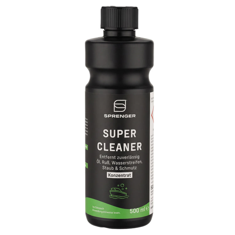 Vorderansicht: „SPRENGER Super Cleaner DN01060500, schwarze 500-ml-Flasche mit grünem Etikett, Reinigungskonzentrat gegen Öl, Ruß, Wasserstreifen und Schmutz.