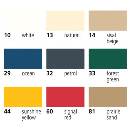 TenCate All Season Touring WR-200 Farbkarte – Weiß (10), Natural (13), Sisal Beige (14), Ozean (29), Petrol (32), Waldgrün (33), Sonnengelb (44), Signalrot (60), Präriesand (81)
