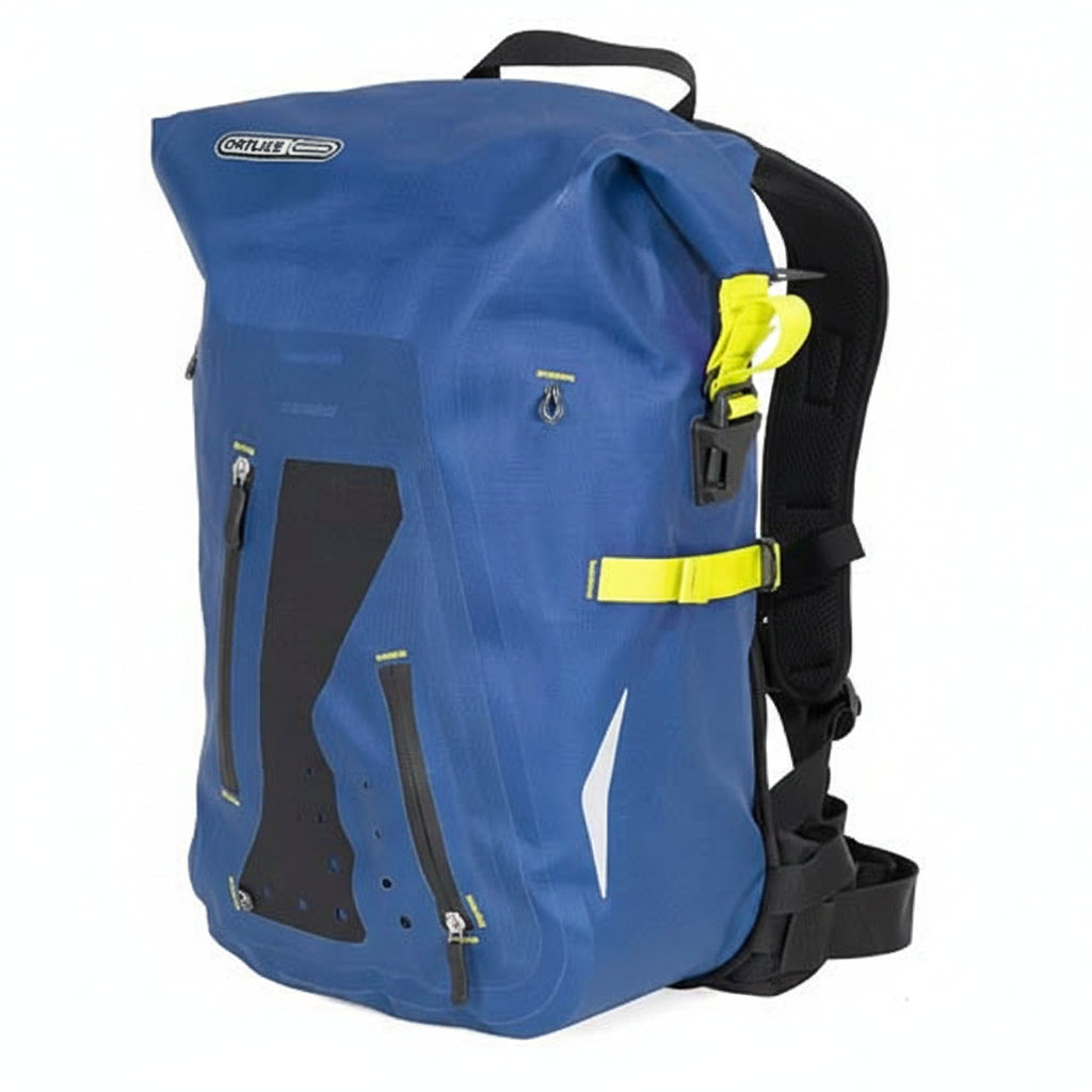 Ortlieb Packman Pro2 wasserdichter Rucksack blau mit Rollverschluss, atmungsaktivem Rückentragesystem, Organizer, Helmhalter, Reflektoren und PU-beschichtetem Nylongewebe
