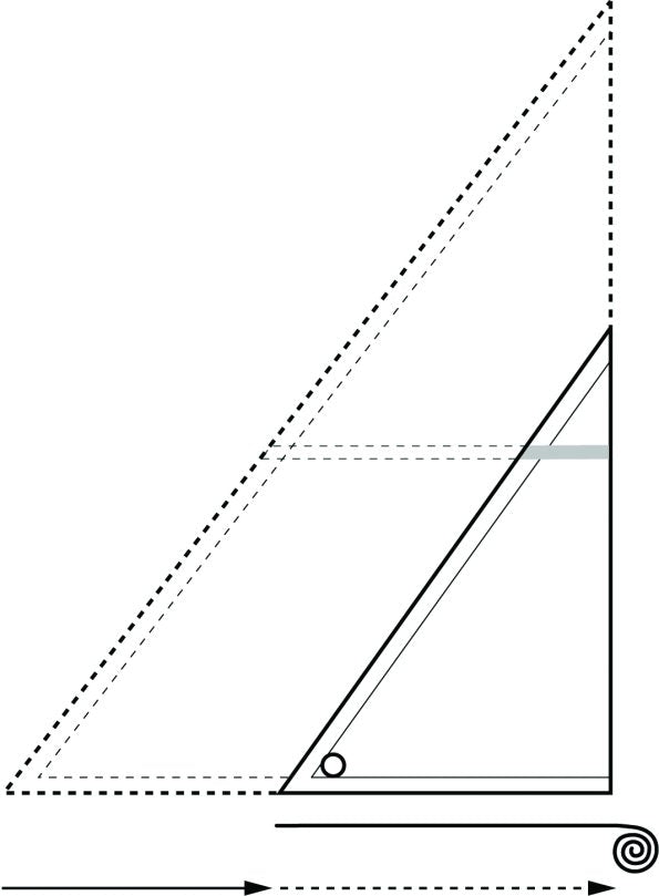 Schematische Darstellung eines Rollsegels mit horizontaler Roller-Batten Segellatte, gestrichelten Segelumrissen und einer darunter dargestellten aufgewickelten Latte zur Veranschaulichung der Rollbarkeit.