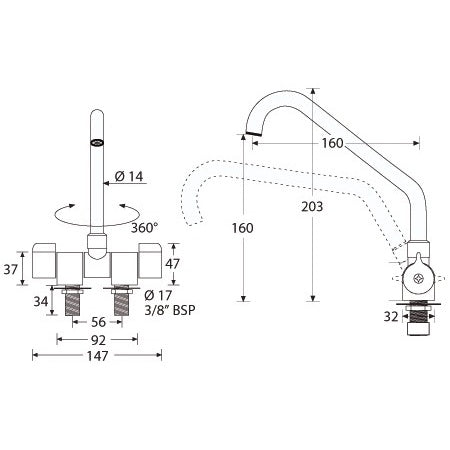 BARKA Zweihebel-Mischbatterie klappbar drehbar verchromt 3/8" Gewinde