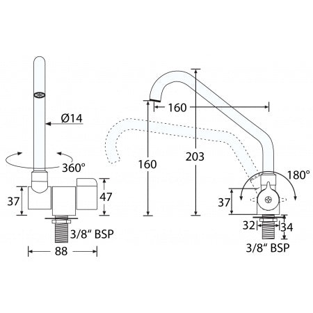 BARKA Wasserhahn klappbar drehbar verchromt 3/8" Gewinde