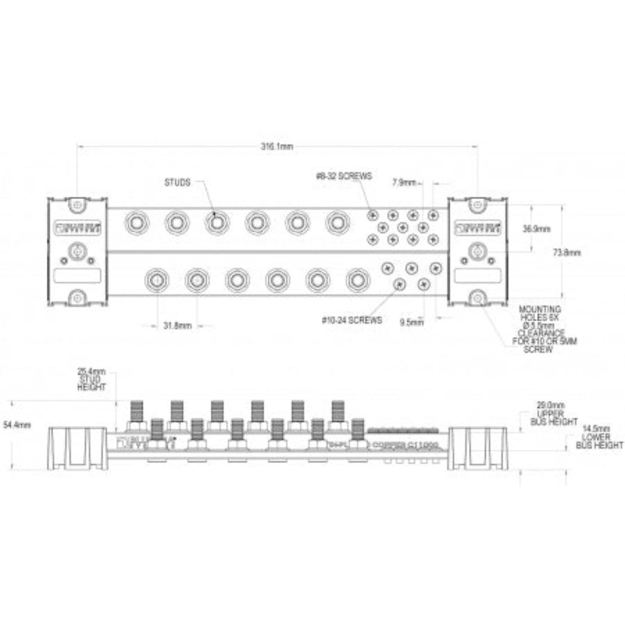 Blue Sea Systems PowerBar 1000A Sammelschiene BS1991/BS1993 – Maßzeichnung: L 363,8mm, B 116,6mm, H 54,4mm
