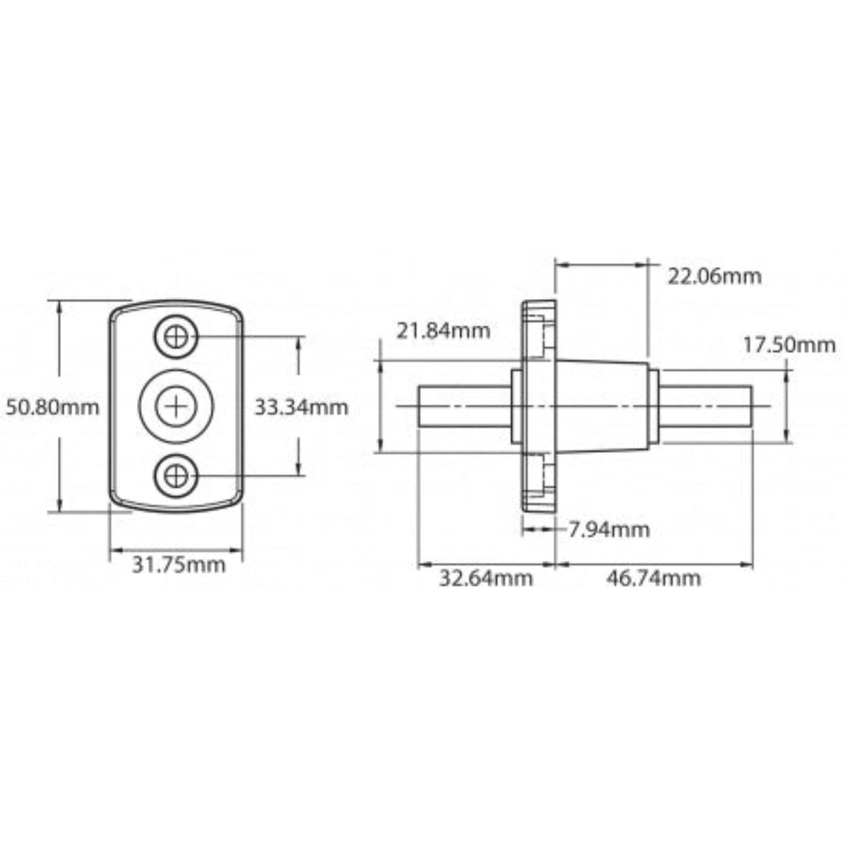 Blue Sea Systems Durchführungsanschluss BS2204-B5 Maßzeichnung: Flansch 50,80x31,75mm, Einbautiefe 46,74mm, Bolzen 3/8 Zoll
