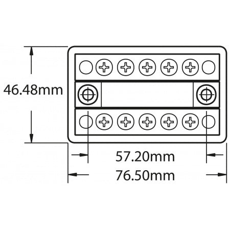 Blue Sea Systems DualBus BS2701 Maßzeichnung – 76,50 x 46,48 mm, 2x5 Anschlüsse
