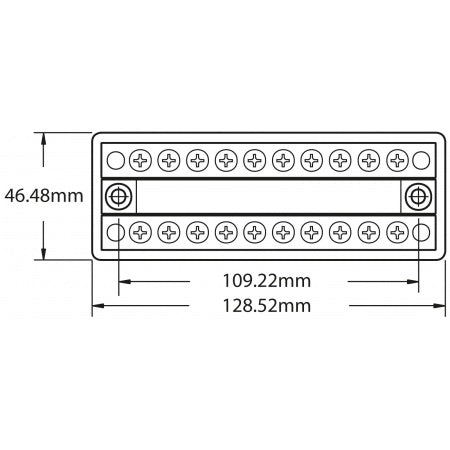 Blue Sea Systems DualBus BS2702 Maßzeichnung – 128,52 x 46,48 mm, 2x10 Anschlüsse
