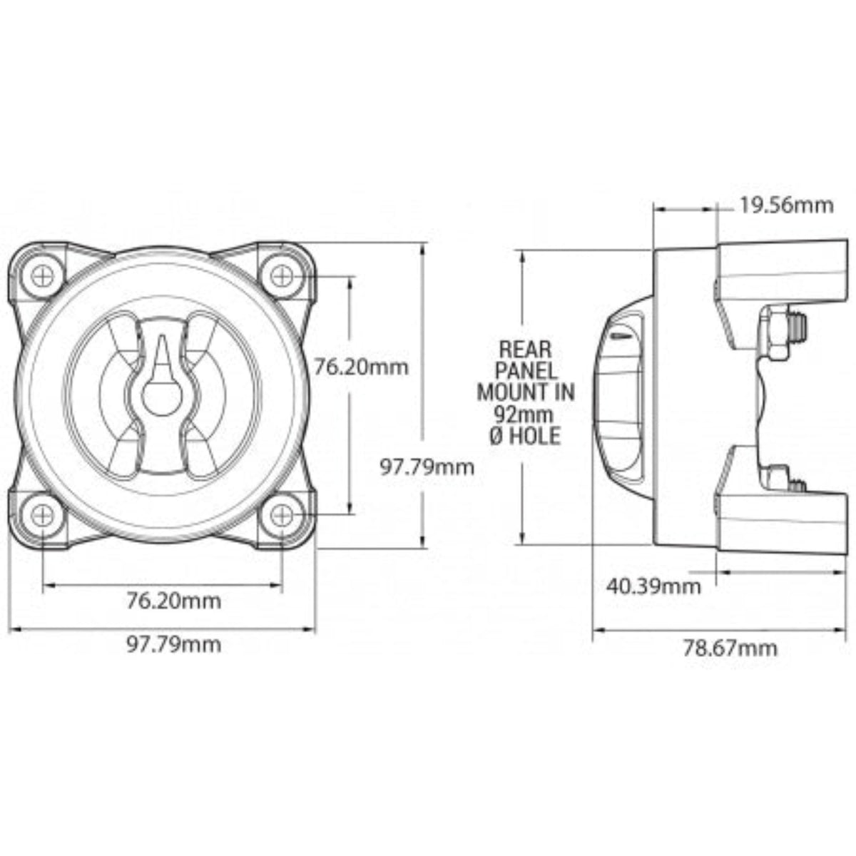 Blue Sea Systems HD-Series Batterieschalter BS3000 Maßzeichnung: Grundfläche 97,79x97,79mm, Höhe 78,67mm, Einbau 92mm Loch
