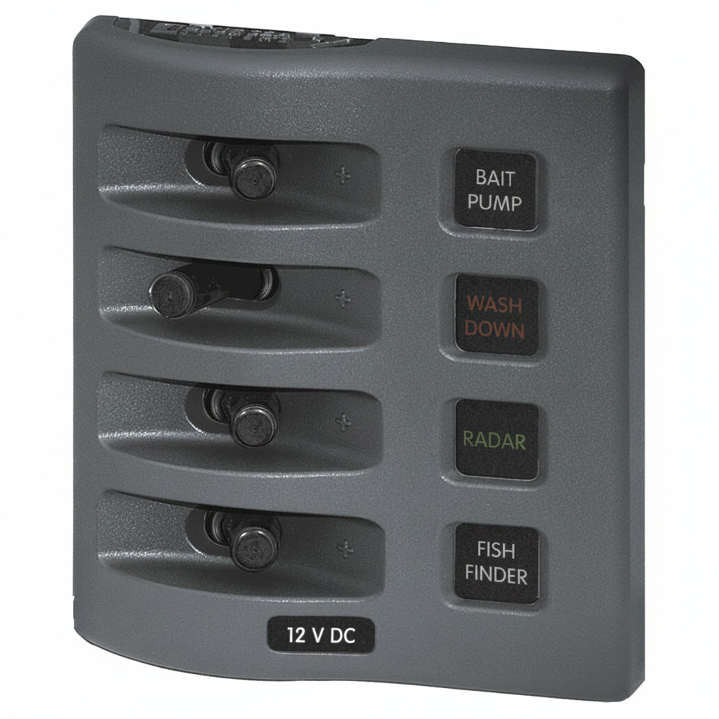 Blue Sea Systems WeatherDeck ATC Schaltpaneel BS4304 – 4 Stromkreise, IP67, 12V, 60A, 98,6 x 109,2 mm
