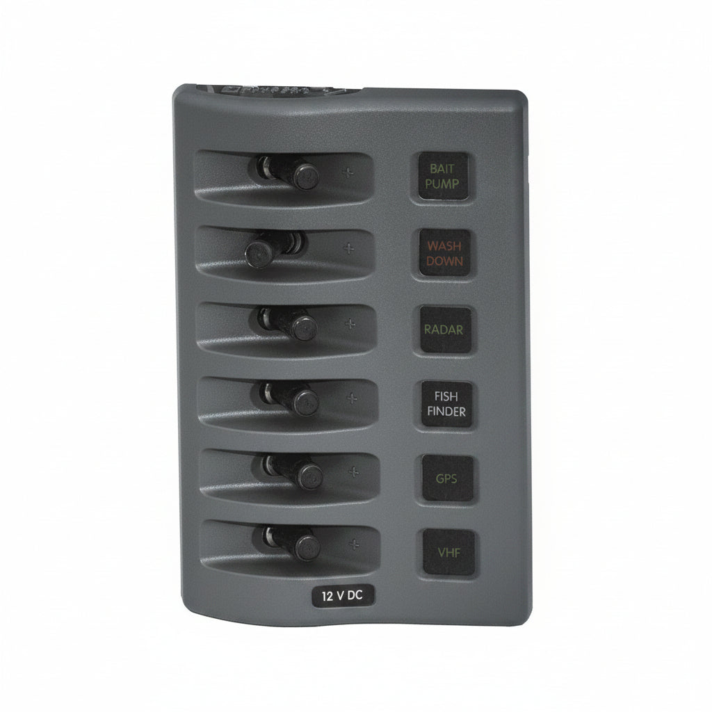 Blue Sea Systems WeatherDeck ATC Schaltpaneel BS4306 – 6 Stromkreise, IP67, 12V, 90A, 98,6 x 152,4 mm
