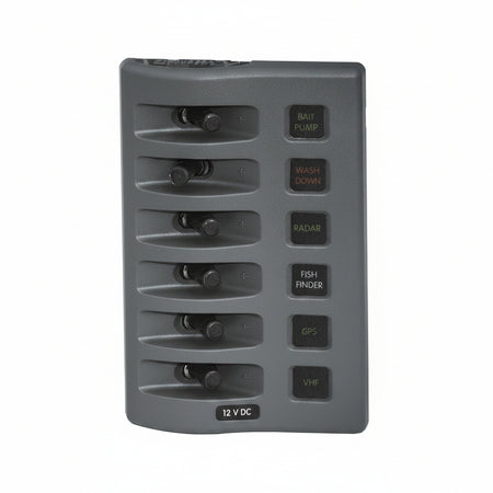 Blue Sea Systems WeatherDeck ATC Schaltpaneel BS4306 – 6 Stromkreise, IP67, 12V, 90A, 98,6 x 152,4 mm
