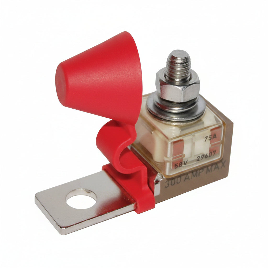 Blue Sea Systems MRBF-Anschlusssicherungsblock BS5191 mit 1 Steckplatz, roter Isolierkappe, max. 300A 58V
