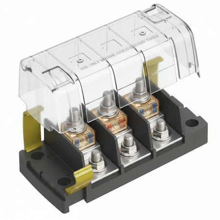 Blue Sea Systems MRBF Sicherungsblock BS5194 – 3-fach Aufbaumontage, unabhängige Quellen, mit transparenter Schutzabdeckung, 12-32V, 300A
