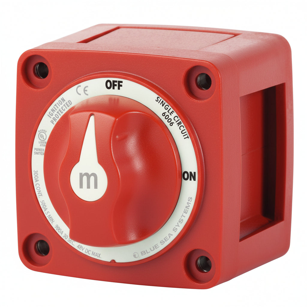 Blue Sea Systems BS6006 m-Series Single Circuit Batterieschalter rot – Frontansicht mit ON/OFF Markierung, 300A 48V
