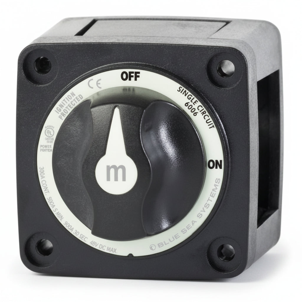Blue Sea Systems BS6006200 m-Series Single Circuit Batterieschalter schwarz – Frontansicht mit ON/OFF Markierung

