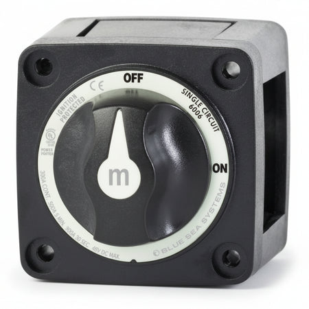 Blue Sea Systems BS6006200 m-Series Single Circuit Batterieschalter schwarz – Frontansicht mit ON/OFF Markierung
