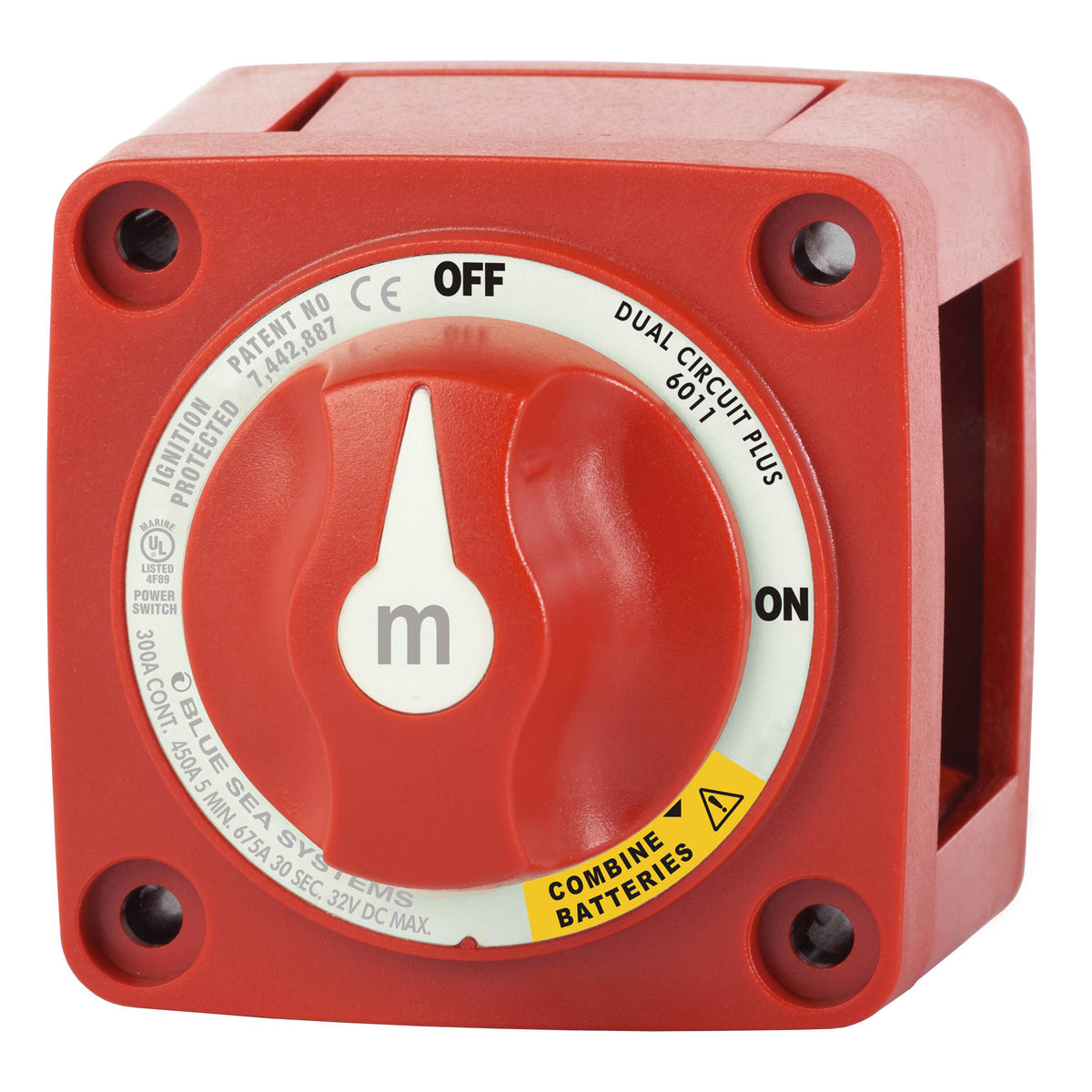 Blue Sea Systems m-Series Dual Circuit Plus Batterieschalter BS6011 rot, OFF/ON/Combine, Frontansicht