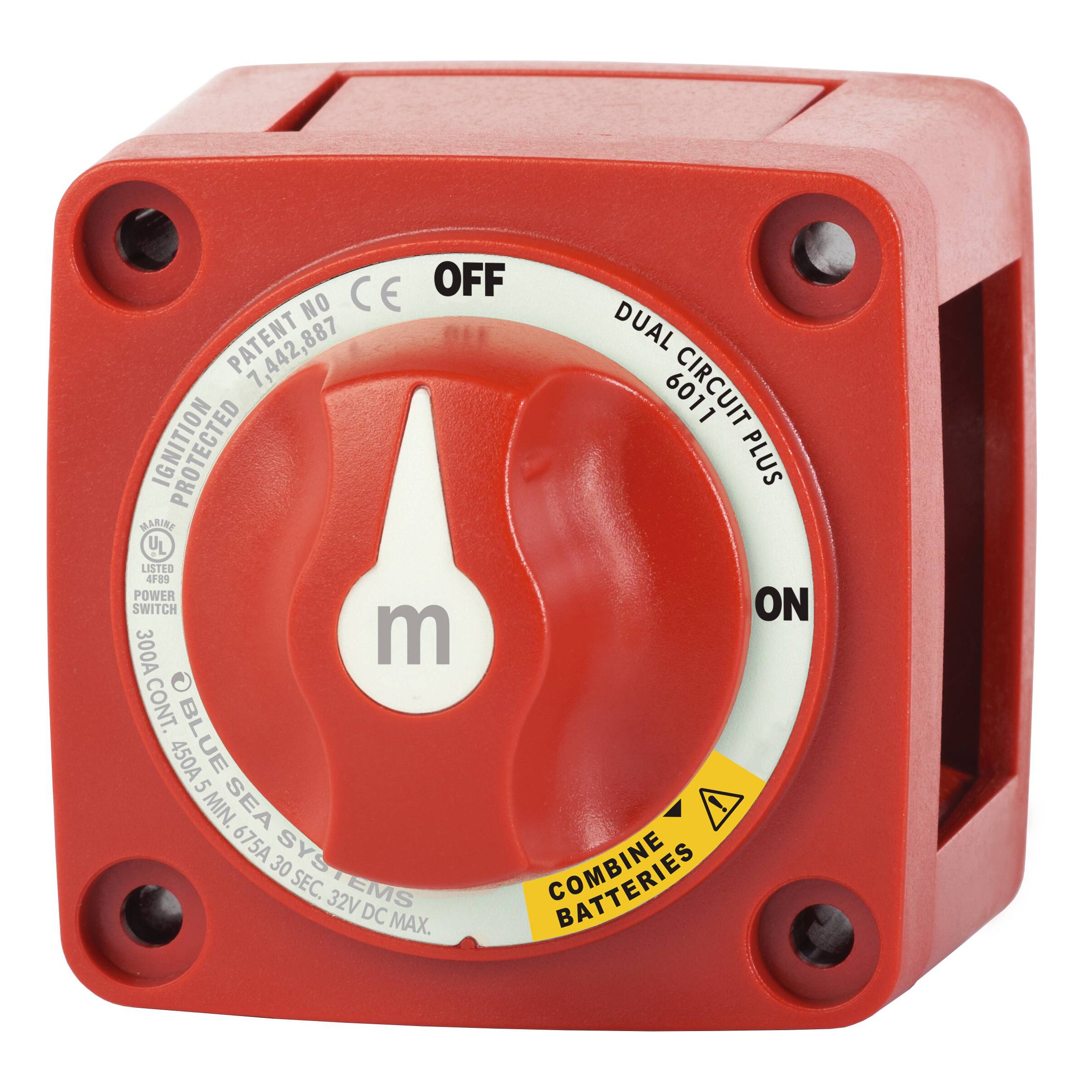 Blue Sea Systems m-Series Dual Circuit Plus Batterieschalter BS6011 rot, OFF/ON/Combine, Frontansicht