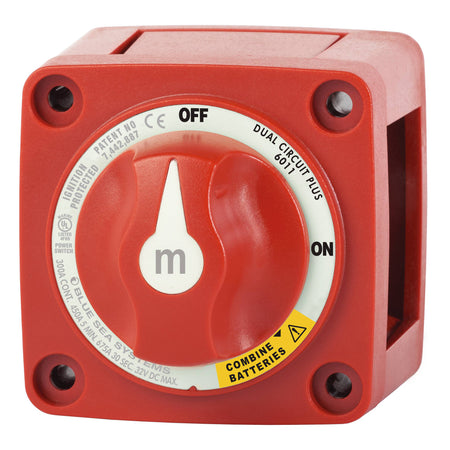 Blue Sea Systems m-Series Dual Circuit Plus Batterieschalter BS6011 rot, OFF/ON/Combine, Frontansicht