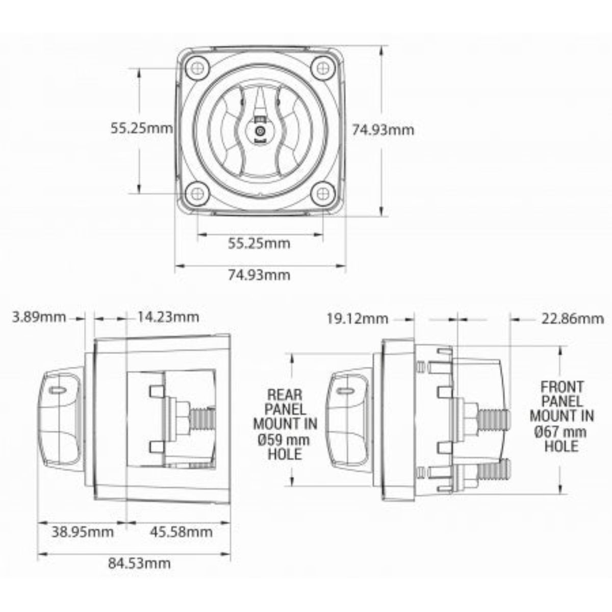 Blue Sea Systems m-Series BS6006 Batterieschalter – technische Maßzeichnung: 74,93 x 74,93 mm, Höhe 84,53 mm, Rear Panel Mount 59 mm, Front Panel Mount 67 mm
