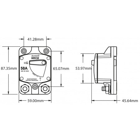 Blue Sea Systems Serie 187 MRCB Leitungsschutzschalter 80A 48V DC – Aufbauversion mit gelbem Rückstellhebel