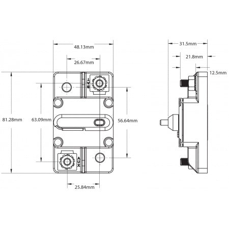 Blue Sea Systems Serie 285 Maßzeichnung – Abmessungen Aufbau-Leitungsschutzschalter 81,28 x 48,13 x 31,5 mm