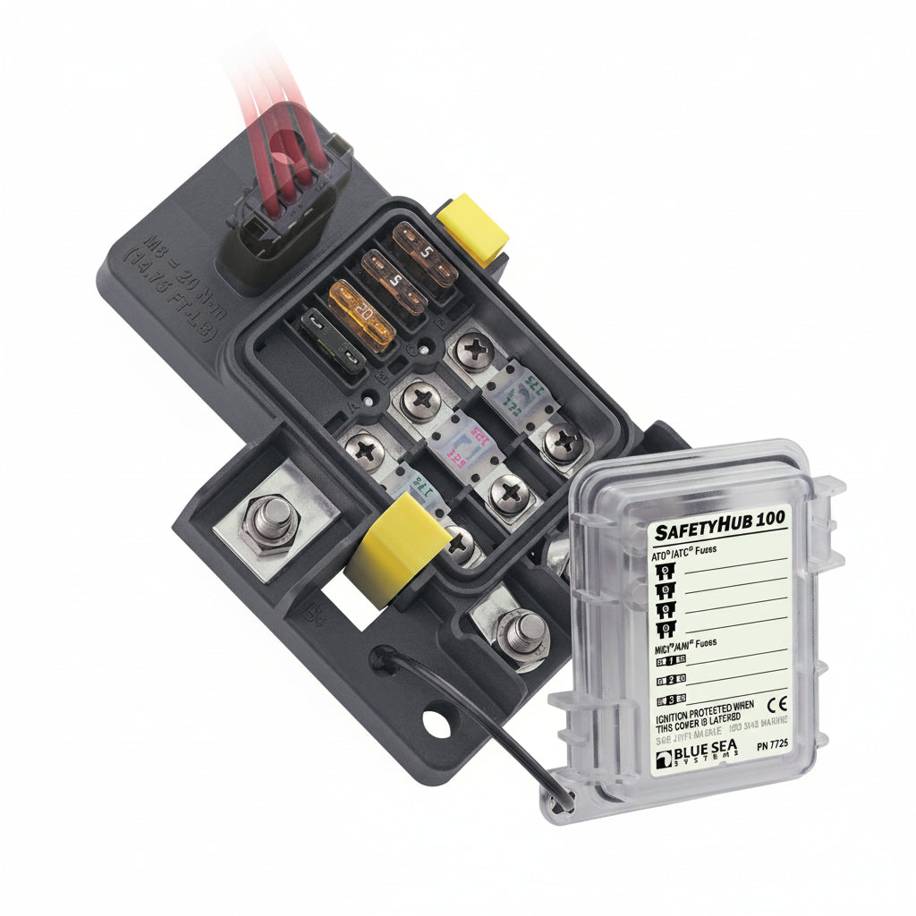 Blue Sea Systems SafetyHub 100 Sicherungsblock 7-fach mit Zündschutz – BS7725