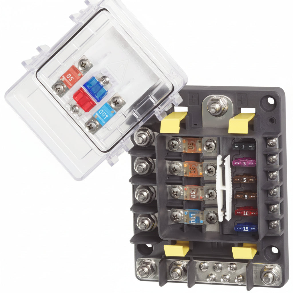 Blue Sea Systems SafetyHub 150 Sicherungsblock BS7748 – zündgeschützter Sicherungskasten mit 4x AMI/MIDI und 6x ATO/ATC Sicherungen, 10 Stromkreise, 12–32V, versiegelte Abdeckung
