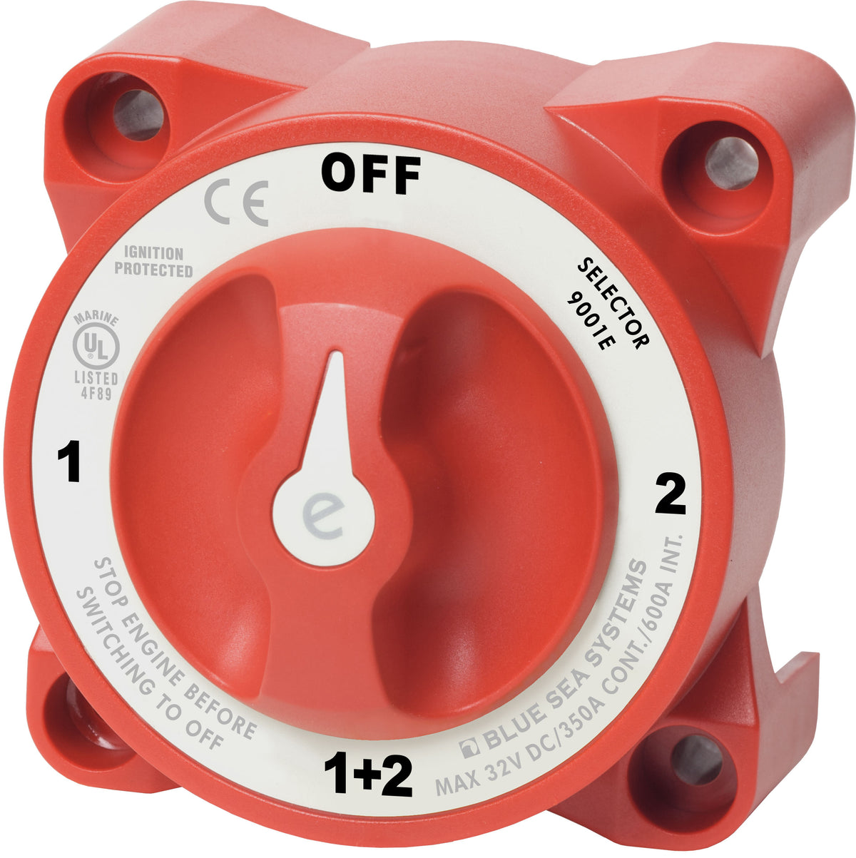 Blue Sea Systems e-Series Batterie-Auswahlschalter BS9001E rot, 4-Position OFF/1/2/1+2, Frontansicht