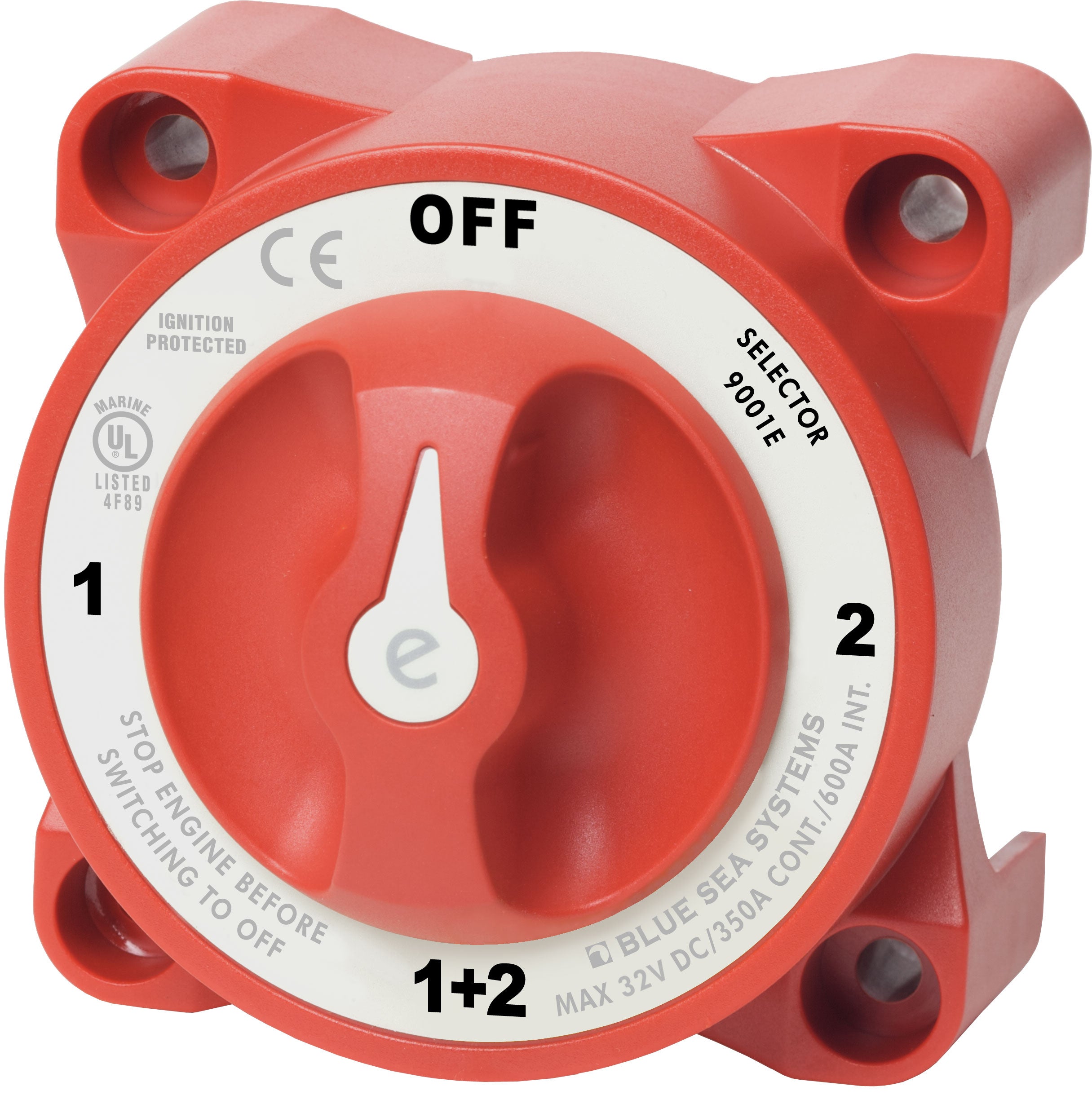 Blue Sea Systems e-Series Batterie-Auswahlschalter BS9001E rot, 4-Position OFF/1/2/1+2, Frontansicht