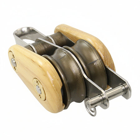 Barton Victory Holzblock BT52230 – doppelt, festes Auge mit Unterbügel, 90 mm, Eschenholz mit zwei Delrin Kugellager-Scheiben und Edelstahlschäkel