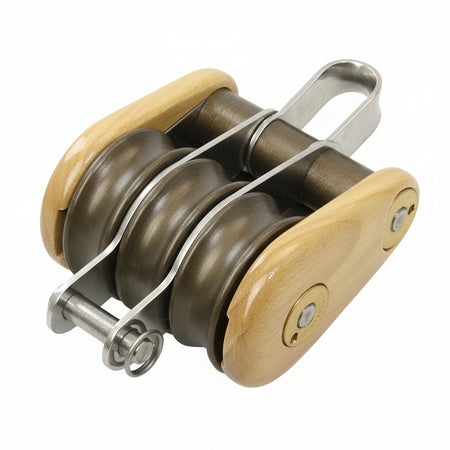 Barton Victory Holzblock BT53230 – dreifach, festes Auge mit Unterbügel, 90 mm, Eschenholz mit drei Delrin Kugellager-Scheiben und Edelstahlschäkel