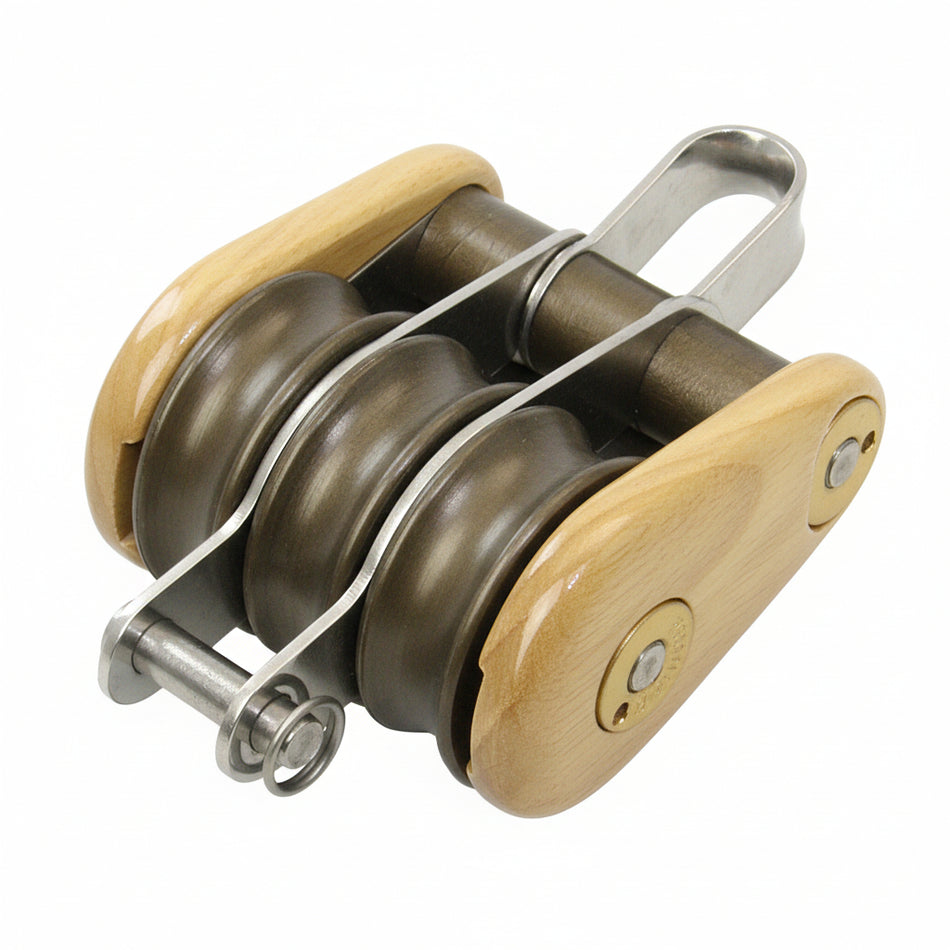 Barton Victory Holzblock BT53230 – dreifach, festes Auge mit Unterbügel, 90 mm, Eschenholz mit drei Delrin Kugellager-Scheiben und Edelstahlschäkel