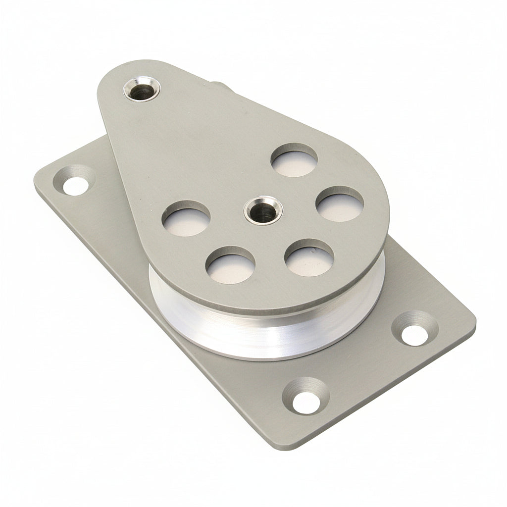 Barton Aluminium-Flanschblock BT91650 – Detailansicht Montageplatte mit 4 Befestigungsbohrungen und Gleitlager-Rolle