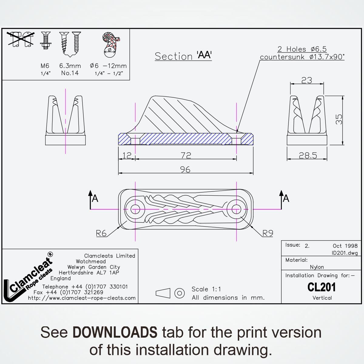 Clamcleat® CL201 Vertical Klemme 6-12 mm - Nylon Tauklemme